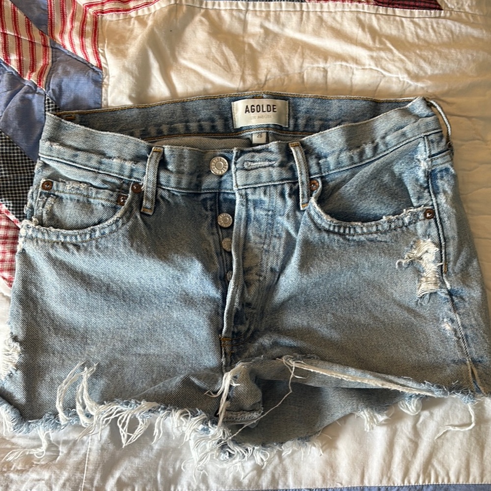 Agolde Light Blue Frayed Denim Shorts